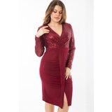 Şans Women's Plus Size Burgundy Sequin Detailed Evening Dress Cene