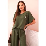 Kesi Włoski Women's viscose set with decorative flower and wide trousers - khaki Cijene