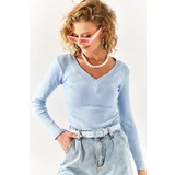 Olalook Women's Baby Blue Thick Banded V-neck Shawl Blouse