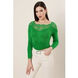 By Saygı Boat Neck Lace Detailed Soft Sweater Green Cene
