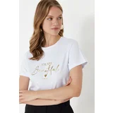 Trendyol White 100% Cotton Foil/Glossy Slogan Printed Regular/Normal Pattern Knitted T-Shirt