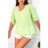 armonika Women's Neon Green V-Neck Pleat Detailed Blouse with Epaulette Sleeves | shoptok.hr