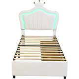 Lumor Otroška postelja iz umetnega usnja 90x200 cm - Z LED in 2 predaloma - Z lesenimi letvicami - Bela, (22156074) | Shoptok.si