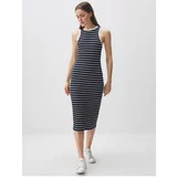 Jimmy Key Navy Blue Sleeveless Stripe Patterned Midi Dress