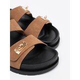 Shelvt Women's tan flip-flops with gold inserts | shoptok.hr