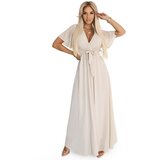 numoco basic 545-3 Long dress with pleated neckline and tie - beige | Shoptok.si