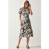  Women's Smoky Cream Patterned Satin Surface Slit Summer Dress | Shoptok.si