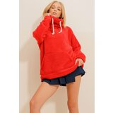 Trend Alaçatı Stili Women's Red High Neck Kangaroo Pocket Plush Sweatshirt Cene