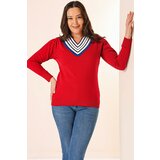 By Saygı Striped V-Neck Plus Size Knitwear Sweater Cene