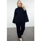 Trendyol Curve Navy Blue Knitwear Plus Size Bottom-Top Set