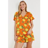 Trendyol Orange 100% Cotton Fruit Patterned Knitted Pajamas Set Cene