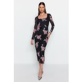 Trendyol Black Tulle Floral Fitted Square Collar Long Sleeve Maxi Stretch Knit Dress Cene