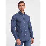Ombre Classic men's cotton SLIM FIT shirt in palm trees - dark blue Cene