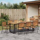vidaXL Set za vrtno objedovanje od 9 dijelova Crni Poli Rattan Akacija, Složive vrtne stolice s jastucima 2 kom Crni Poli Rattan | shoptok.hr