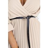 numoco basic 462-5 SERENA Pleated maxi dress with neckline, belt and 3/4 sleeves - DARK BEIGE | Shoptok.si