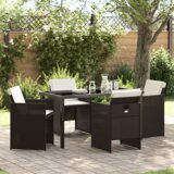 vidaXL Set za blagovanje od 5 dijelova s jastučićima, smeđi poli ratan, Vrtni stol, crni, 140x80x73 cm, staklo otporno na udarce | shoptok.hr