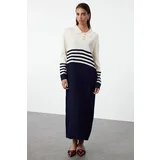 Trendyol Beige Navy Blue Color Block Knit Dress