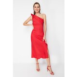 Trendyol red sleeve detailed satin elegant evening dress Cene