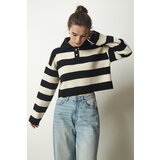 Happiness İstanbul Women's Black Cream Stylish Buttoned Collar Striped Crop Knitwear Sweater Cene