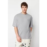 Trendyol men's gray oversize relief printed 100% cotton t-shirt Cene