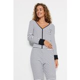 Trendyol Black and White Striped Cuff and Pile Detailed T-shirt-Jogger Knitted Pajamas Set Cene