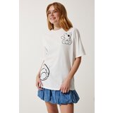  Women's White Printed Oversize Knitted T-Shirt Cene