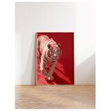 Wallxpert uramljena slika 115262, beli tigar na crvenoj pozadini, 30 x 40 cm, ram u boji prirodnog drveta u