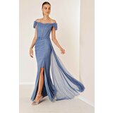 By Saygı Low-Sleeve Draped and Lined Underwire Long Glitter Dress INDIGO Cene
