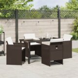 vidaXL Set za blagovanje od 5 dijelova s jastučićima, smeđi poli ratan, Vrtni stol, crni, 140x80x73 cm, staklo otporno na udarce | shoptok.hr