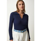 Happiness İstanbul Women's Navy Blue Polo Neck Ribbed Knitted Blouse Cene