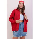 Trend Alaçatı Stili Women's Red Hooded Double Pocket Zippered Seasonal Sweatshirt Cene