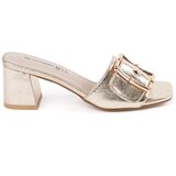 GOODIN Tweed gold mules on a heel Cene