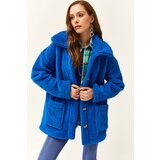 Olalook Women's Saxe Blue Buttoned Pocket Unlined Oversize Plush Jacket | shoptok.hr