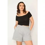 Şans Women's Large Size Gray Elastic Waist Shorts with Side Pockets