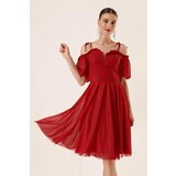 By Saygı Pleated Collar With Balloon Sleeves Lined Silvery Tulle Dress Red Cene
