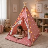 Ginger Home Dečiji pamučni šator little stars, roze sa zvezdama, 100% pamuk, sa mekom podlogom za punjenje, jastukom i led svetlima ( JW- | Eponuda.com