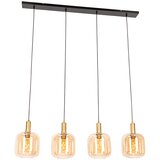 QAZQA Smart hanglamp zwart met messing en amber glas 4-lichts incl. 4 Wifi G95 - Zuzanna Cene