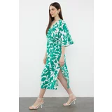 Trendyol Green Belted Floral Patterned A-Line Double Breasted Collar Midi Woven Dress
