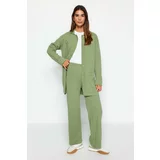 Trendyol Green Ribbed Cardigan-Pants Knitwear Two Piece Set