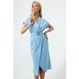 Lafaba Women's Baby Blue Double Breasted Collar Belted Midi Dress | Shoptok.si