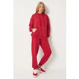 Happiness İstanbul Women's Red Hooded Sweatshirt Jogger Oversize Knitted Tracksuit