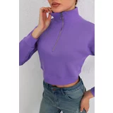 BİKELİFE Women's Lilac Zippered Thick Inside Fleece Knitted Sweatshirt Crop