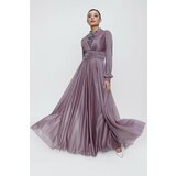 By Saygı Embroidered Front Pleat Lined Glittery Long Dress Purple Cene
