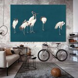  XXL slika - Evening by the pond - a group of cranes drawn in dry pastel on a dark turquoise background 160x107 | shoptok.hr