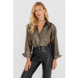 Cool & Sexy Women's Gold Color Striped Shiny Shirt Cene