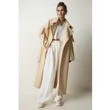 Happiness İstanbul Women's Cream Premium Fleece Long Cachet Coat with Pocket Detail on the Sleeves
