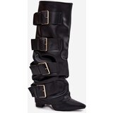 Boto Women's heeled boots with turned upper and gold buckles Black Isavelle | Shoptok.si
