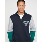 Koton College Sweatshirt with a Printed Standing Collar Half-Zip Color Block