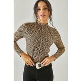 Olalook Women's Leopard Black High-Collar Lycra Crop Blouse Cene