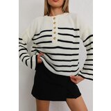 BİKELİFE Women's White Oversize Gold Buttoned Striped Thick Knitwear Sweater | shoptok.hr